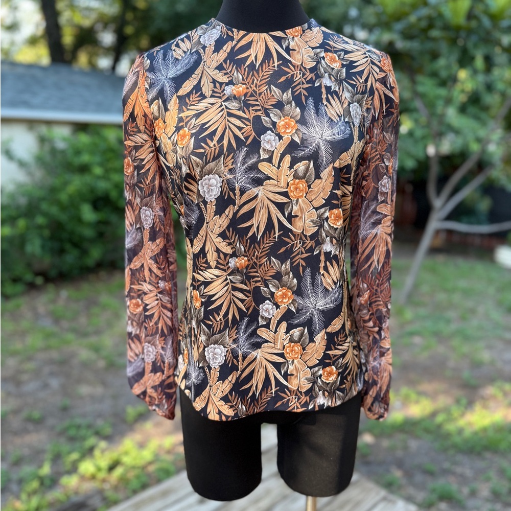 1970s Vintage Carols Choice Lady Carol Tropical Floral Sheer Sleeve Blouse Top